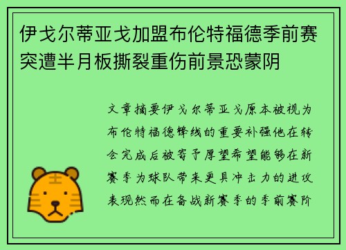 伊戈尔蒂亚戈加盟布伦特福德季前赛突遭半月板撕裂重伤前景恐蒙阴 伊戈尔蒂亚戈加盟布伦特福德季前赛突遭半月板撕裂重伤前景恐蒙阴